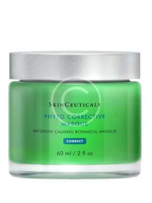 Green calming botanical facial masque in jar.