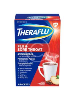 TheraFlu flu and sore throat remedy package.