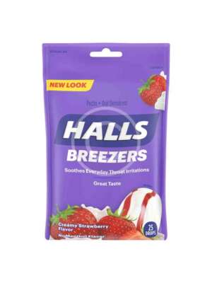 Halls Breezers creamy strawberry throat drops packaging.