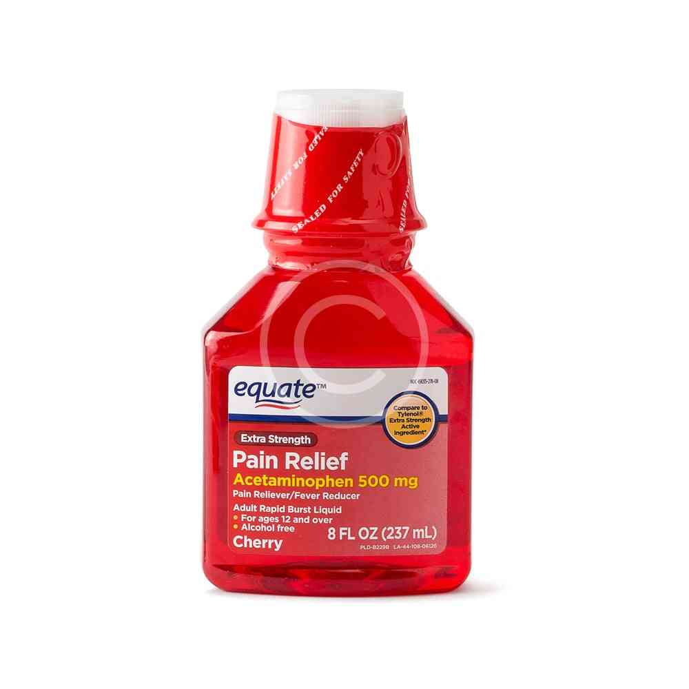 Cherry-flavored acetaminophen pain relief liquid.